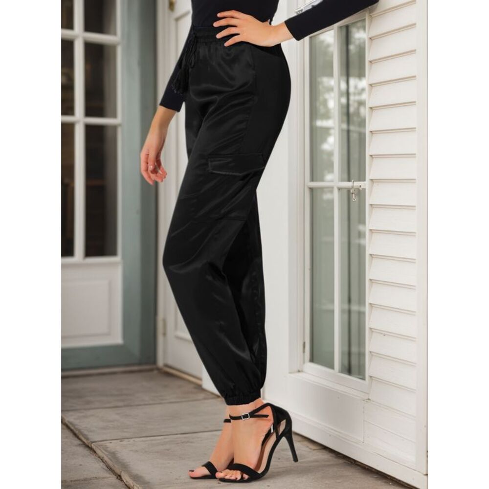 Joggers Drawstring Elastic High Waist Silky Satin Cargo Pants Black - Picture 3 of 5